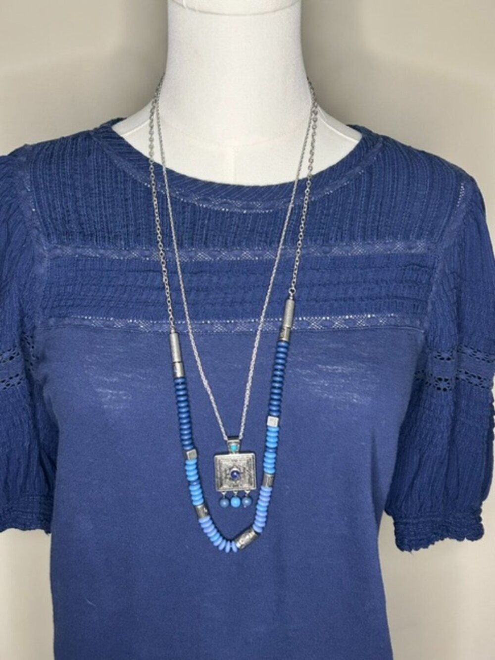 NWOT Blue Beaded Layered Pendant Necklace | Boho Southwestern Statement